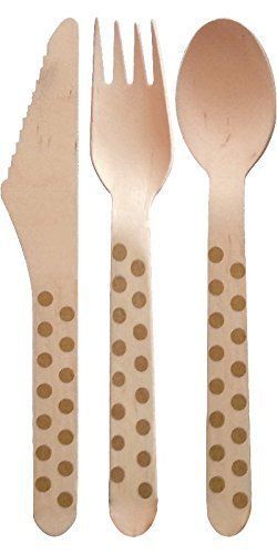 VINTAGE Gold Polka Dot Disposable Wooden Cutlery Set - 30 Ct. - TWILIGHT PARTIES