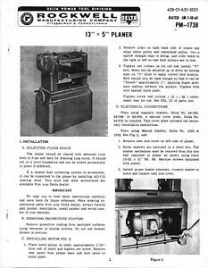 1961 Delta Rockwell 13&#034; x 5&#034; Planer Instruction &amp; Maintenance Manual PM-1738 CD