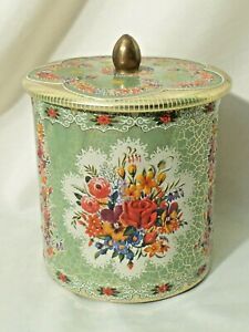 Vintage Made In Holland Candy Tin Round Metal Box Container Floral Gold Design
