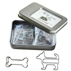 Paper Clips Dog Loves Bone Shaped, Silver Metal Bookmarks Cute Office 1 Tin