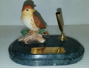 Bird Desk Set Mid Century Pen Holder Green Marble Brass Paperweight Sparrow
