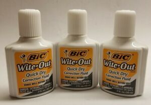 3 New BIC WHITE OUT .7 fl oz WITE-OUT Correction Fluid Quick Dry Foam Brush