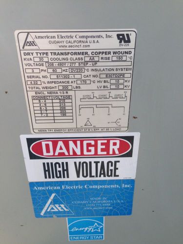 American electric components 208-480y/277 step up transformer 30kva 60hz for sale