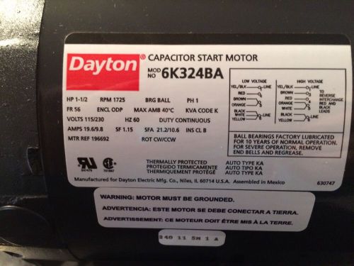 Dayton 6K324BA Capacitor Start Motor 115/230V 1PH 1-1/2HP, Frame 56