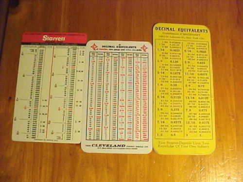 3 pocket chart cards decimal equivalents tap machining size starrett cleveland + for sale