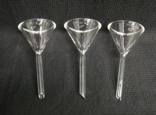 Lot 3 pyrex 60-deg angle fluted short stem clear glass 4.5&#034; lab filling funnel for sale
