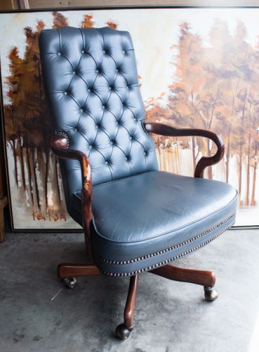 Kimball Office Furniture High Back Grey Blue Tufted Executive Office Arm Chair