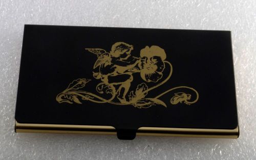 VTG Gold Plated Metal &amp; Black Enamel Flowered Design Business/Credit Card Holder