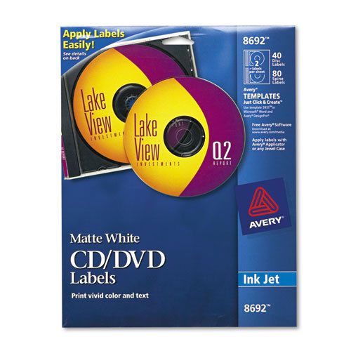 Inkjet CD/DVD Labels, Matte White, 40/Pack