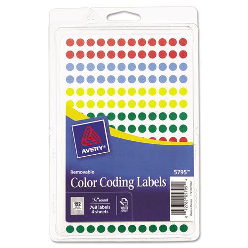 Removable Self-Adhesive Color-Coding Labels, 1/4in dia, Assorted, 768/Pack
