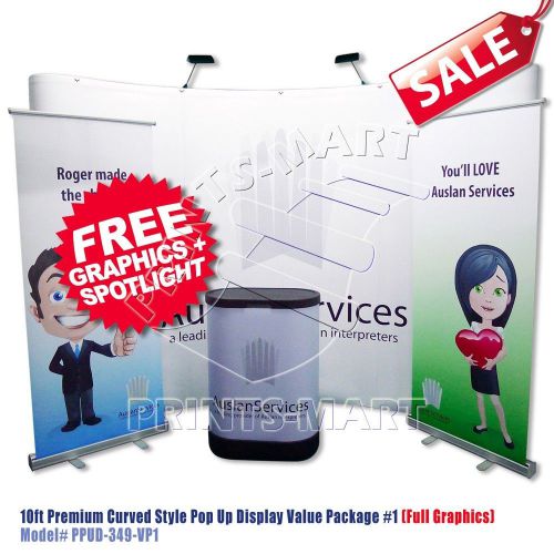 10&#039; trade show booth pop up display package (roll ups + spotlights + full print) for sale