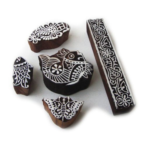 Mix hand carved floral &amp; animal designs wooden printing blocks (set of 5) for sale