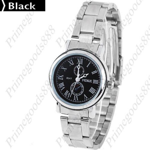 Round Silver Stainless Steel Quartz Lady Wrist Ladies Wristwatch Women&#039;s Black