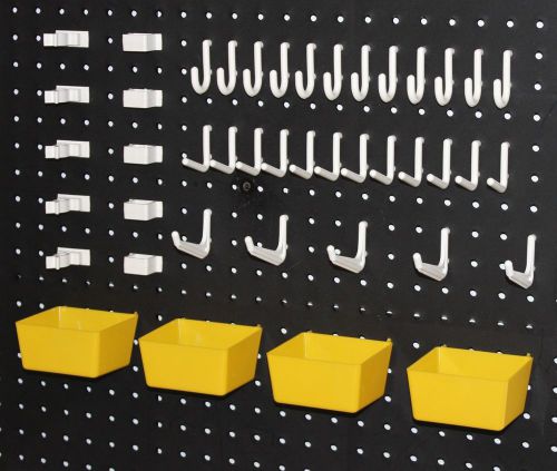 43 pc peg hook kit- pegboard organizer tool storage yellow bins &amp; white pegs th* for sale