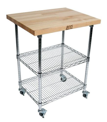 Maple boos metropolitan wire cart - butcher block top, chrome shelves, 27&#034; x 21&#034; for sale
