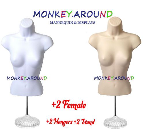 2 Female Mannequin Torso Form White Flesh +2 Hanger +2 Stand Display Shirt Dress