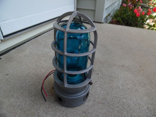 Vintage crouse-hinds  explosion-proof industrial light, cage blue glass globe for sale