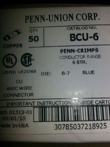 Box of 50 new Penn Union BCU-6 CU wire connectors, crimps