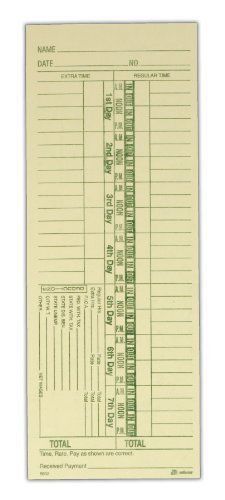 Adams Time Cards, Weekly, 1-Sided, Numbered Days, 3-3/8&#034; x 9&#034;, Manila, Green