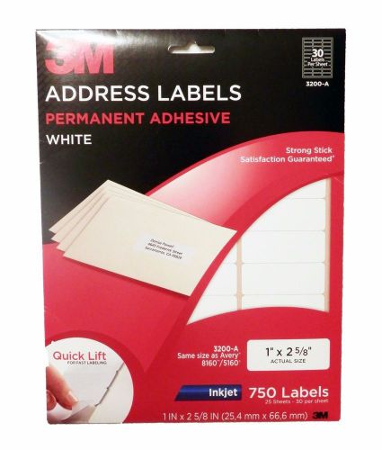3M Address Labels Permanent Adhesive White 750 Labels Inkjets 1x2.62