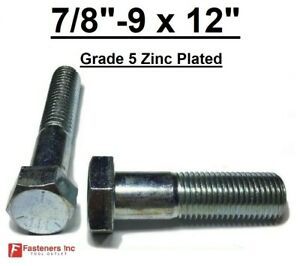 7/8-9 x 12&#034; Hex Bolt Zinc Plated Grade 5 Cap Screw Coarse Partial Thread
