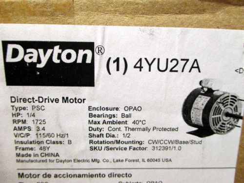 Dayton 4yu27 motor,psc,1/4 hp,1725 rpm,115v for sale