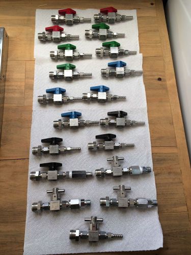 Lot of 19 swagelok nupro ss-4p4t valves with fittings and hose barbs for sale