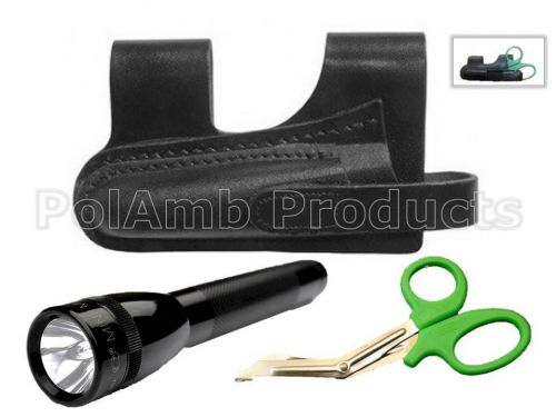 Leather horizontal scissor/torch pouch inc maglite + green shears for sale