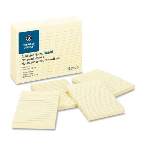 Business Source Ruled Adhesive Note -Self-adhesive -4&#034;x6&#034;-Yllw-12/Pk- BSN36618
