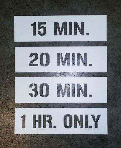 Parking lot stop block stencil sign, 1 hour parking only, 30 min., 20 min. for sale