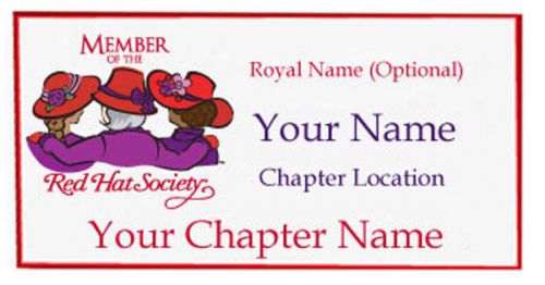S9 RED HAT SOCIETY PERSONALIZED NAME BADGE W/ PREMIUM MAGNET FASTENER ON BACK