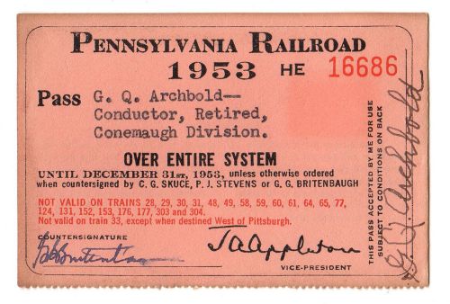 VINTAGE EPHEMERA ? rr11   pass pennsylvania railroad 1953  524A