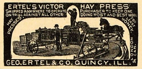 1890 ad george ertel&#039;s victor hay press horse labor quincy agriculture aag1 for sale