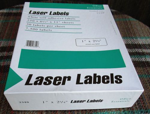 BOX 7,500 WHITE SELF-ADHESIVE LASER LABELS 1&#034; X 2 5/8&#034; OFFICE ESSENTIALS 3340