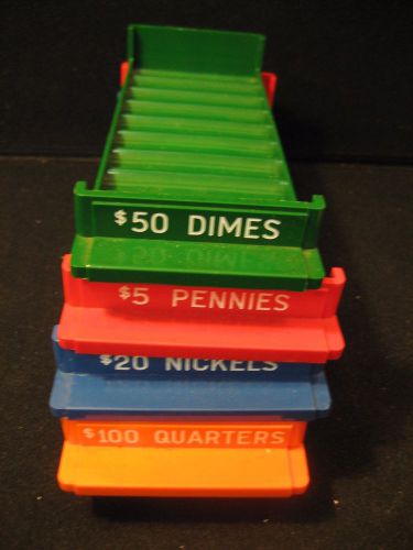 Set of 4 major metalfab color coded rolled coin plastic storage trays for sale