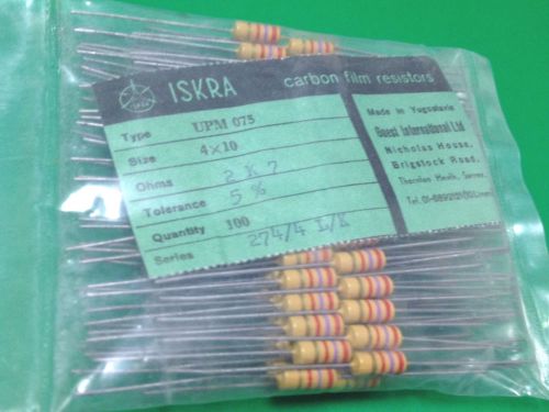 Lot of 100 Iskra 2.7K ohm Carbon Film Resistors 5% resistor 1/4 watt 2K7?