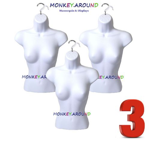 3 White Female Mannequin Torso Body Display Women CLOTHING T Shirt Hanging Forms