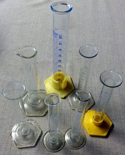 Set of 7 glass cylinders graduated lab measuring cup for sale