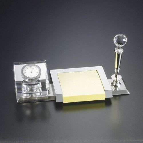 Silver-Plate And Crystal Executive Desk Set With Desk Clock,Pen And Memo Holder
