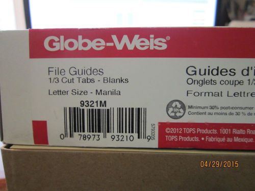 Globe-Weis File Folder, 1/3-Cut Tab, Letter Size, Manila 9321M, 100 Qty NIB