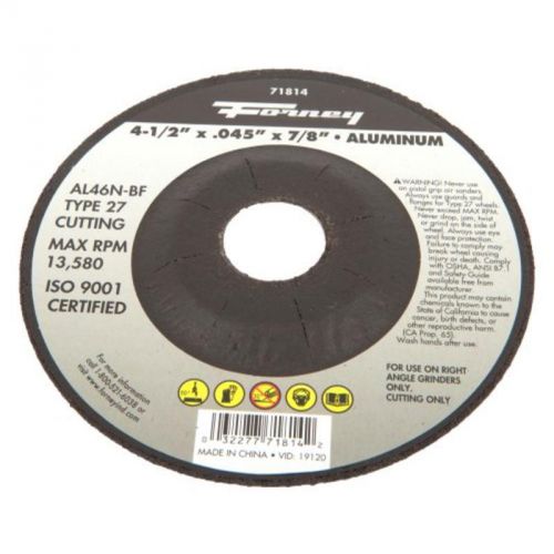 4-1/2&#034; X 0.45&#034; Cut-Off Wheel With 7/8&#034; Arbor, Aluminum Type 27, Al46N-Bf Forney