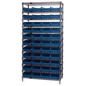 Wire shelving with (44) 4&#034;h plastic shelf bins blue, 36x18x74 for sale