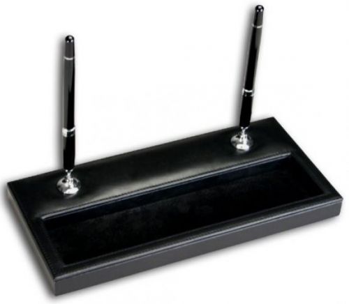Dacasso black leather double pen stand with silver trim for sale