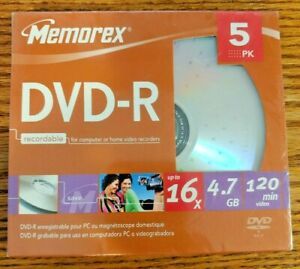 Memorex DVD-R Recordable DVD 5 Pack 16X 4.7GB 120 Minutes With Cases Sealed