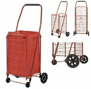 Rolling Folding Wire Shopping Cart 4 wheels with Liner Red