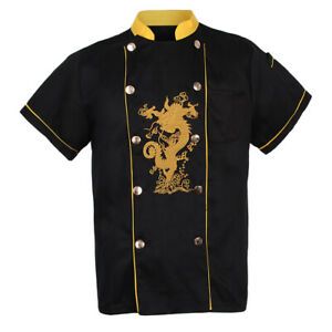 Chef Embroidery Dragon Uniforms Stand Up Collar Summer T-Shirt Black XXL