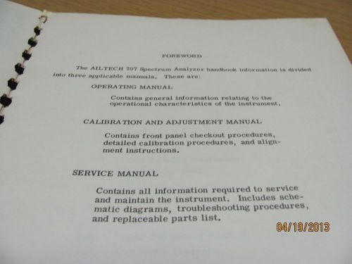 AILTECH MODEL 707: Spectrum Analyzer - Calibration &amp; Adjustment Manual,# 16359
