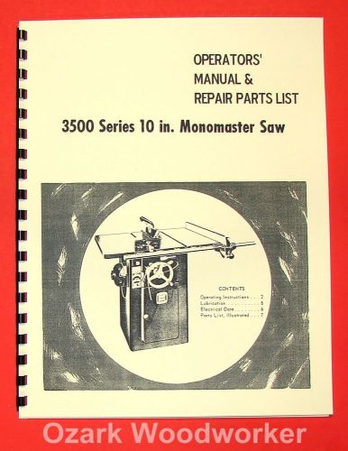BOICE CRANE 3500 10&#034; Monomaster Table Saw Instructions &amp; Parts Manual 0069