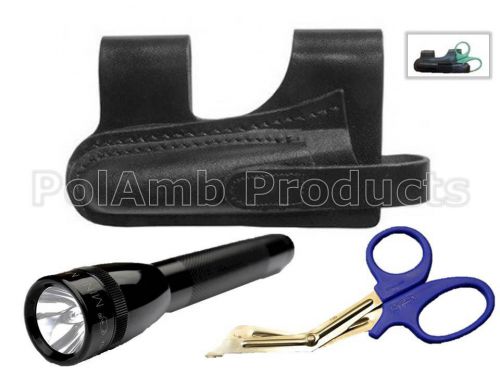 Leather horizontal scissor/torch pouch inc maglite + blue shears for sale