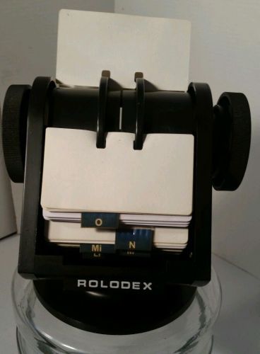 Vintage Rolodex SW-24 Black Wood Grain Rotary Base + Index &amp; Cards 4&#034; X 2  5/8